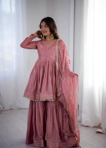 DESIGNER MAL CHANDERI REAL MIRROR WITH HANDWORK TOP SHARARA WITH DUPATTA BABY PINK