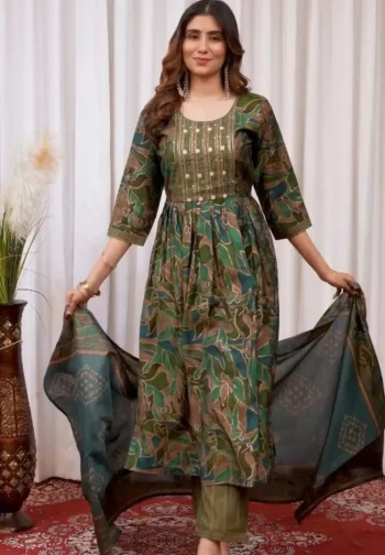 DESIGNER MODAL PRINT MULTI EMBROIDERY THREAD WITH HAND WORK TOP BOTTOM WITH DUPATTA GREEN