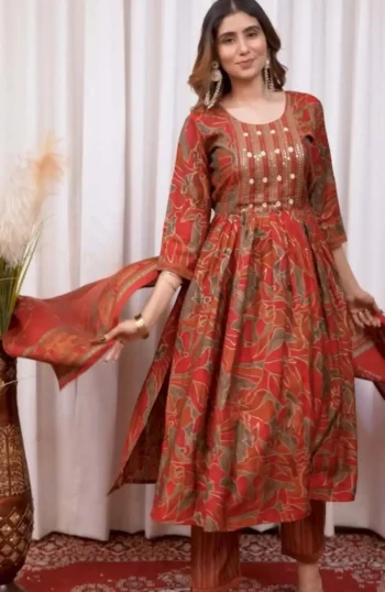 DESIGNER MODAL PRINT MULTI EMBROIDERY THREAD WITH HAND WORK TOP BOTTOM WITH DUPATTA RED