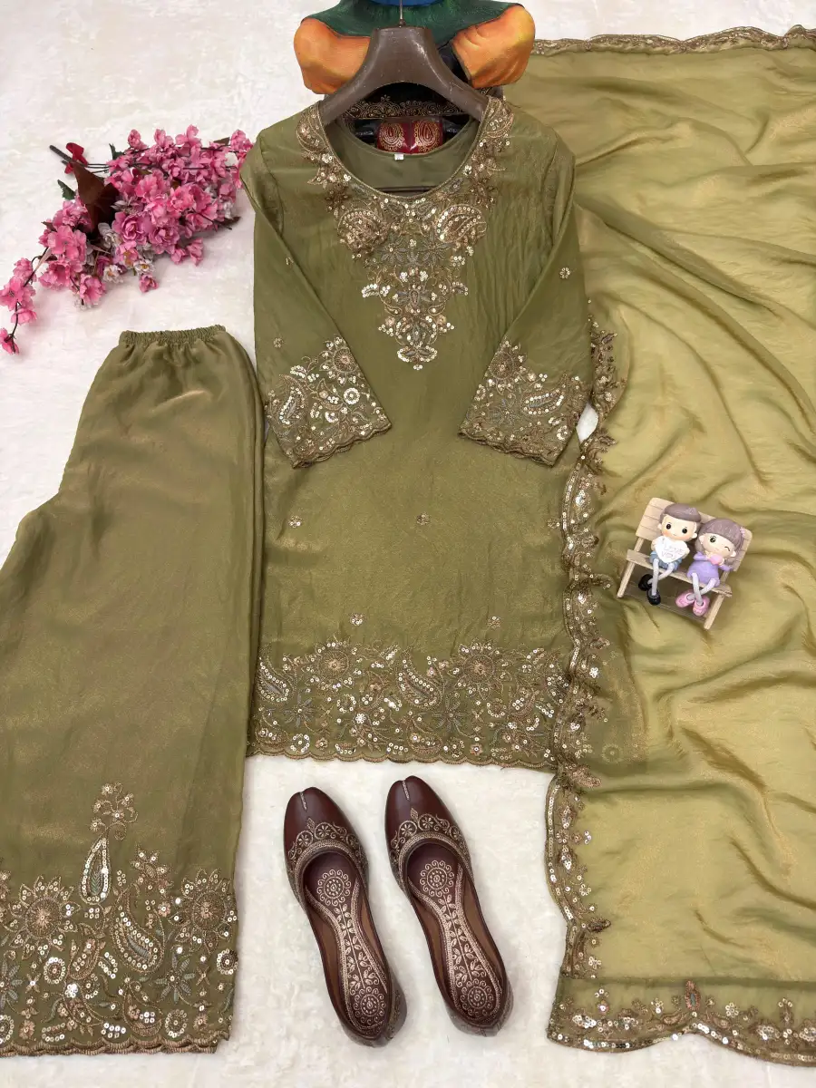 DESIGNER MOSS SILK SEQUENCE & ZARI THREAD EMBROIDERY WORK TOP PALAZZO WITH DUPATTA FESTIVE WEAR WHOLESALE PRICE ETHNIC GARMENT (1)
