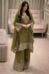 DESIGNER MOSS SILK SEQUENCE & ZARI THREAD EMBROIDERY WORK TOP PALAZZO WITH DUPATTA MEHNDI