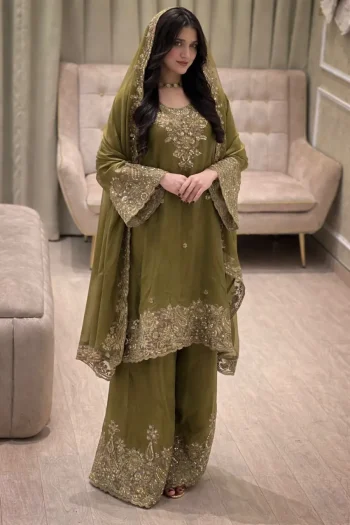 DESIGNER MOSS SILK SEQUENCE & ZARI THREAD EMBROIDERY WORK TOP PALAZZO WITH DUPATTA MEHNDI
