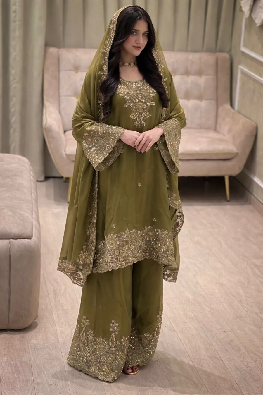 DESIGNER MOSS SILK SEQUENCE & ZARI THREAD EMBROIDERY WORK TOP PALAZZO WITH DUPATTA FESTIVE WEAR WHOLESALE PRICE ETHNIC GARMENT (12)
