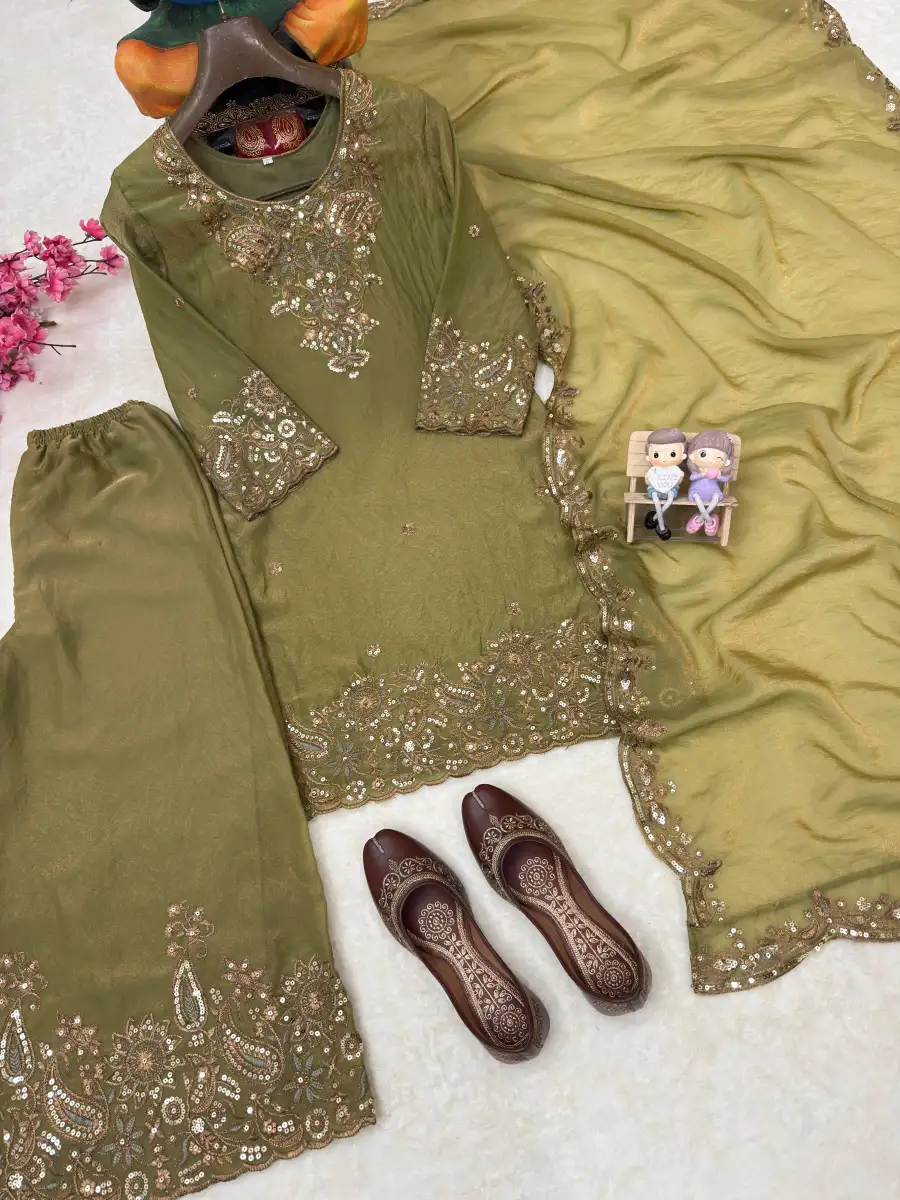 DESIGNER MOSS SILK SEQUENCE & ZARI THREAD EMBROIDERY WORK TOP PALAZZO WITH DUPATTA FESTIVE WEAR WHOLESALE PRICE ETHNIC GARMENT (18)