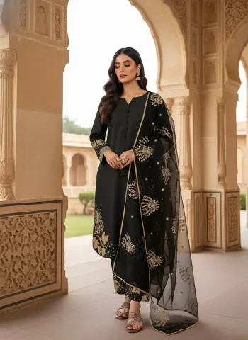 DESIGNER NATURAL CREEP EMBROIDERY SEQUENCE WORK TOP PALAZZO WITH DUPATTA BLACK