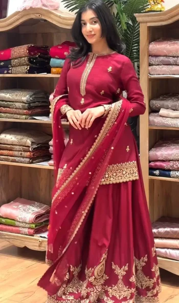 DESIGNER NATURAL CREPE SILK EMBROIDERY SEQUENCE WITH THREAD WORK TOP PALAZZO WITH DUPATTA RANI