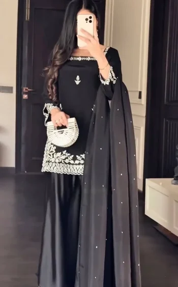 DESIGNER NATURAL CREPE THREAD WITH SEQUENCE WORK TOP PALAZZO WITH DUPATTA BLACK
