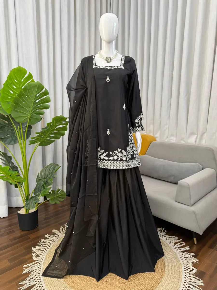 DESIGNER NATURAL CREPE THREAD WITH SEQUENCE WORK TOP PALAZZO WITH DUPATTA FESTIVE WEAR WHOLESALE PRICE ETHNIC GARMENT (6)
