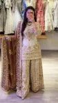 DESIGNER NATURAL SILK EMBROIDERY CHAIN SEQUENCE WORK TOP PALAZZO WITH DUPATTA CHIKU AND WHITE