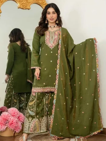 DESIGNER NC VICHITRA EMBROIDERY MULTIPLE THREAD SEQUENCE WORK TOP PALAZZO WITH DUPATTA GREEN