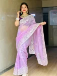 DESIGNER ORGANZA EMBROIDERY WORK CUTWORK BORDER SAREE WITH UNSTITCHED BLOUSE LAVENDER