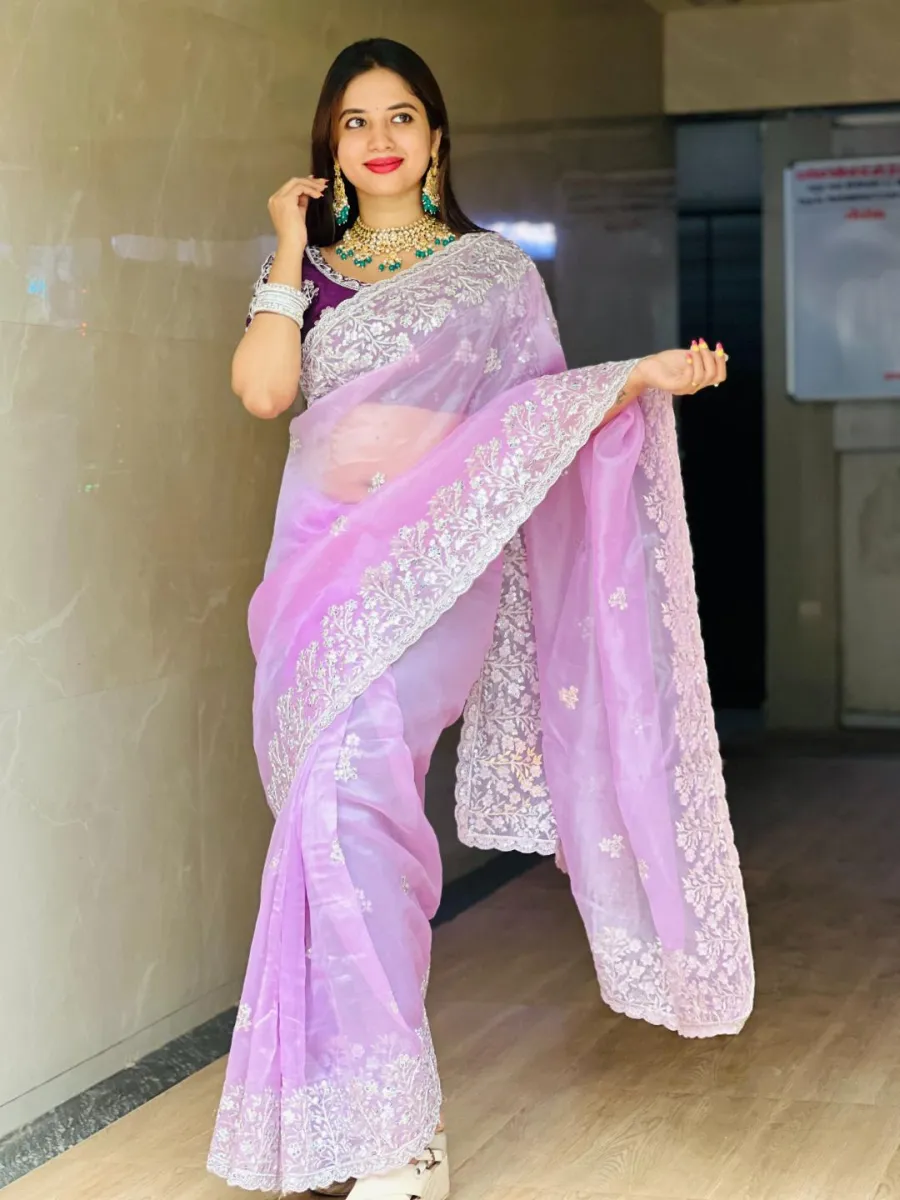 DESIGNER ORGANZA EMBROIDERY WORK CUTWORK BORDER SAREE WITH UNSTITCHED BLOUSE WEDDING WEAR WHOLESALE PRICE ETHNIC GARMENT (1)
