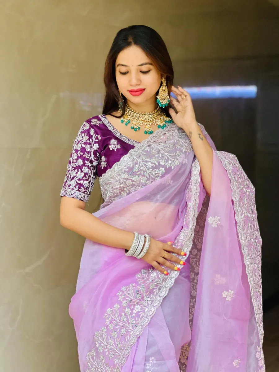 DESIGNER ORGANZA EMBROIDERY WORK CUTWORK BORDER SAREE WITH UNSTITCHED BLOUSE WEDDING WEAR WHOLESALE PRICE ETHNIC GARMENT (2)