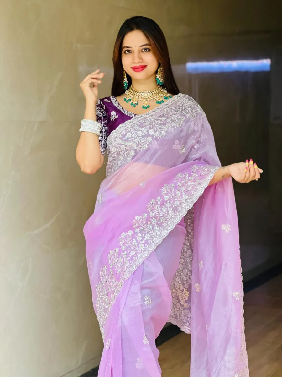 DESIGNER ORGANZA EMBROIDERY WORK CUTWORK BORDER SAREE WITH UNSTITCHED BLOUSE WEDDING WEAR WHOLESALE PRICE ETHNIC GARMENT (4)