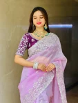 DESIGNER ORGANZA EMBROIDERY WORK CUTWORK BORDER SAREE WITH UNSTITCHED BLOUSE WEDDING WEAR WHOLESALE PRICE ETHNIC GARMENT (1)