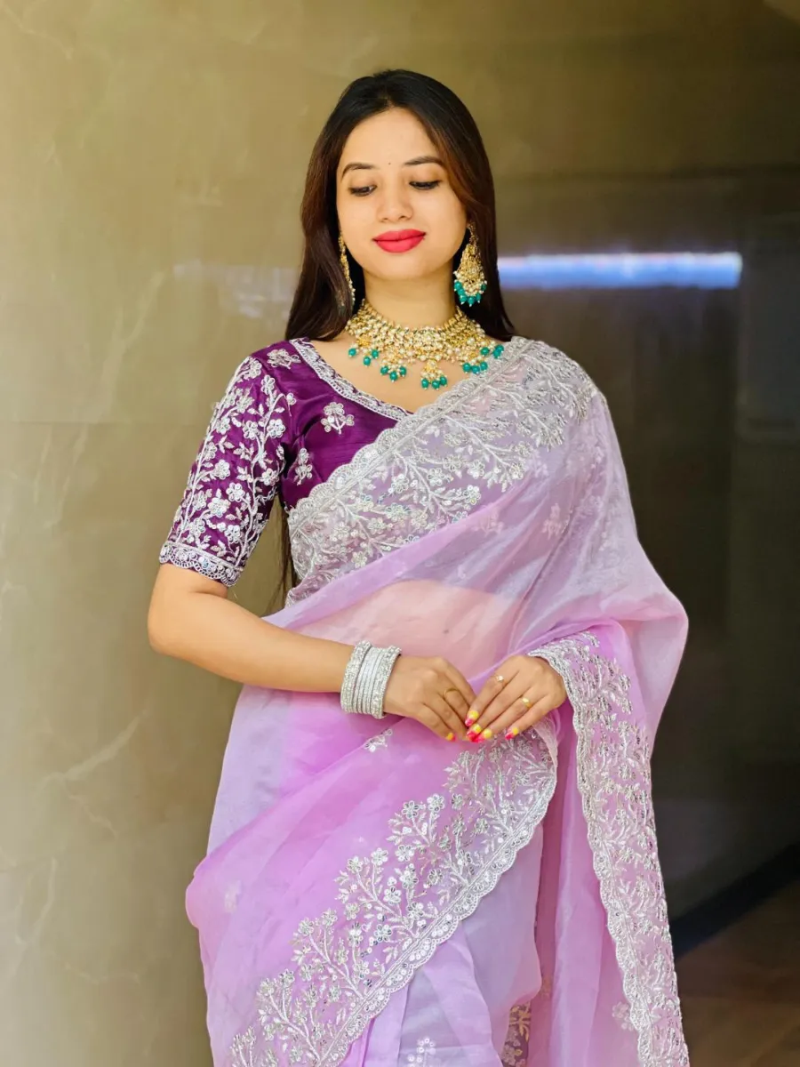 DESIGNER ORGANZA EMBROIDERY WORK CUTWORK BORDER SAREE WITH UNSTITCHED BLOUSE WEDDING WEAR WHOLESALE PRICE ETHNIC GARMENT (9)