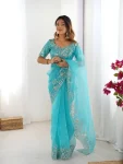 DESIGNER ORGANZA SILK THREAD & SEQUENCE EMBROIDERY WORK SAREE WITH UNSTITCHED BLOUSE SKY