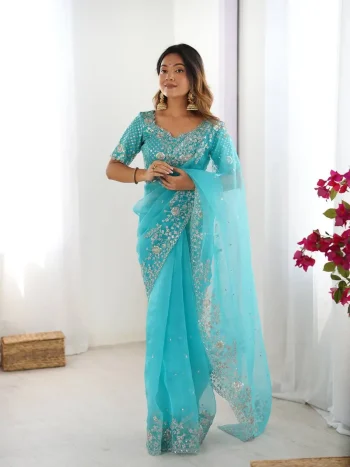 DESIGNER ORGANZA SILK THREAD & SEQUENCE EMBROIDERY WORK SAREE WITH UNSTITCHED BLOUSE SKY