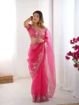 DESIGNER ORGANZA SILK THREAD & SEQUENCE EMBROIDERY WORK SAREE WITH UNSTITCHED BLOUSE PARTY WEAR WHOLESALE PRICE ETHNIC GARMENT (3)