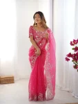 DESIGNER ORGANZA SILK THREAD & SEQUENCE EMBROIDERY WORK SAREE WITH UNSTITCHED BLOUSE PINK