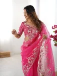 DESIGNER ORGANZA SILK THREAD & SEQUENCE EMBROIDERY WORK SAREE WITH UNSTITCHED BLOUSE PARTY WEAR WHOLESALE PRICE ETHNIC GARMENT (3)