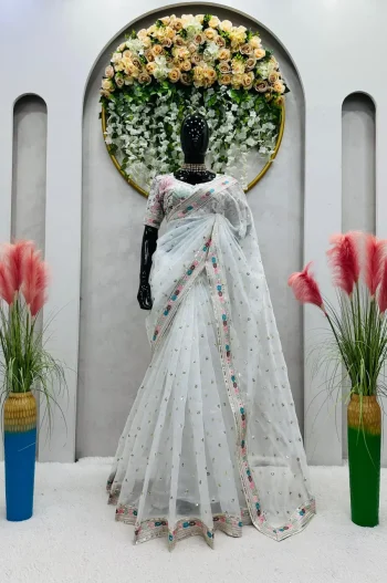 DESIGNER ORGANZA SILK THREAD WITH SEQUENCE WORK SAREE WITH UNSTITCHED BLOUSE WHITE