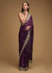 DESIGNER RANGOLI SILK EMBROIDERY CODING, THREAD AND SEQUENCE BORDER WORK SAREE WITH UNSTITCHED BLOUSE WINE
