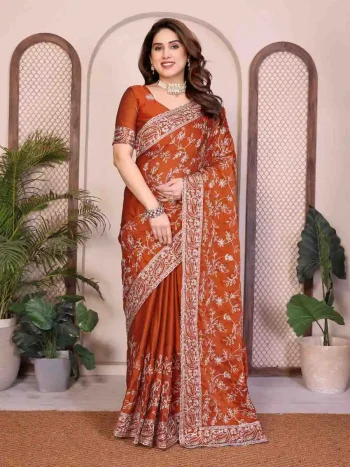 DESIGNER RANGOLI SILK EMBROIDERY CUTWORK WORK ARC BORDER WORK SAREE WITH UNSTITCHED BLOUSE ORANGE