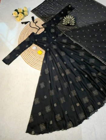 DESIGNER RANGOLI SILK FANCY BEADS SEQUENCE WORK GOWN WITH DUPATTA BLACK