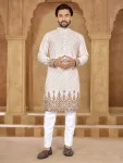 DESIGNER RAYON EMBROIDERY AND PRINT WORK MEN'S KURTA PAYJAMA OFF WHITE