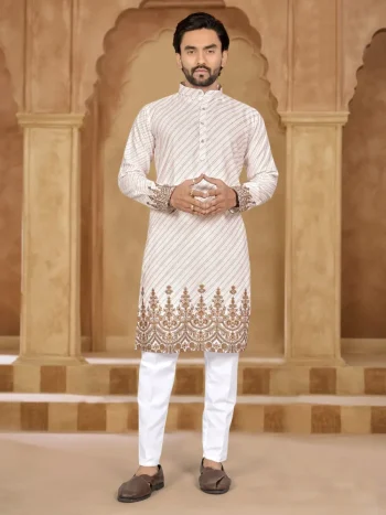 DESIGNER RAYON EMBROIDERY AND PRINT WORK MEN'S KURTA PAYJAMA OFF WHITE