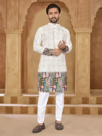 DESIGNER RAYON EMBROIDERY AND PRINT WORK MEN'S KURTA PAYJAMA OFF WHITE