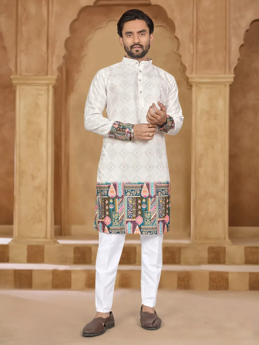 DESIGNER RAYON EMBROIDERY AND PRINT WORK MEN'S KURTA PAYJAMA FESTIVE WEAR WHOLESALE PRICE ETHNIC GARMENT (5)