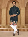 DESIGNER RAYON EMBROIDERY AND PRINT WORK MEN'S KURTA PAYJAMA BLACK