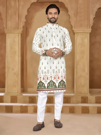 DESIGNER RAYON EMBROIDERY AND PRINT WORK MEN'S KURTA PAYJAMA WHITE