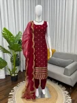 DESIGNER ROMAN GLASS THREAD & SEQUENCE WORK TOP BOTTOM WITH DUPATTA RED