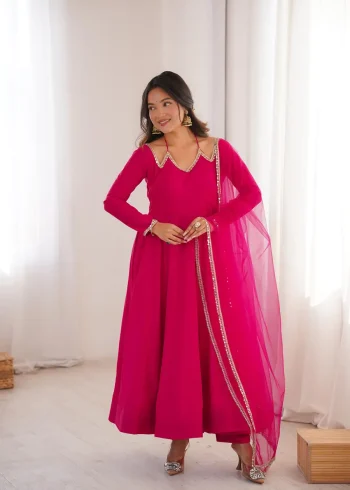 DESIGNER ROMAN SILK CHANDERI LACE WORK GOWN BOTTOM WITH DUPATTA PINK