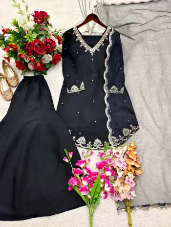 DESIGNER ROMAN SILK EMBROIDERY 5 MM SEQUENCE WORK TOP PALAZZO WITH DUPATTA BLACK