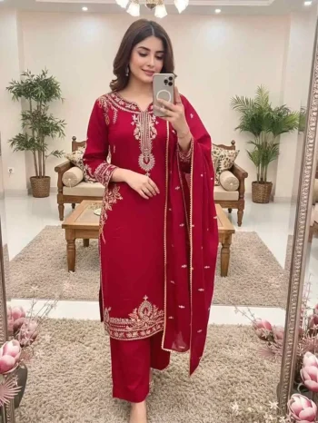 DESIGNER ROMAN SILK EMBROIDERY SEQUENCE WITH FANCY LACE BORDER WORK TOP BOTTOM WITH DUPATTA RANI