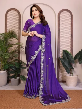 DESIGNER SATIN CHIFFON EMBROIDERY WORK LACE BORDER SAREE WITH UNSTITCHED BLOUSE PURPLE