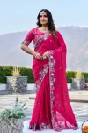 DESIGNER SATIN CHIFFON THREAD & SEQUENCE EMBROIDERY WORK SAREE WITH UNSTITCHED BLOUSE PINK