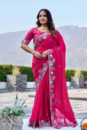 DESIGNER SATIN CHIFFON THREAD & SEQUENCE EMBROIDERY WORK SAREE WITH UNSTITCHED BLOUSE PINK