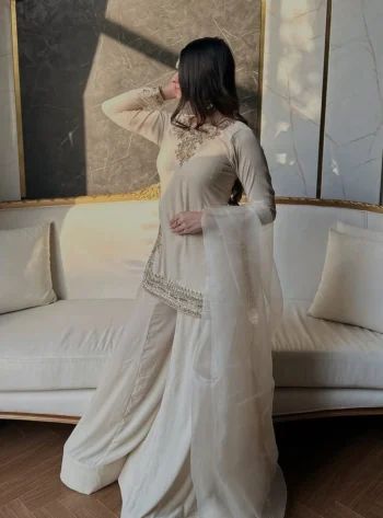 DESIGNER SATIN SILK BEADS HAND WORK EMBROIDERY SEQUENCE WORK TOP PALAZZO WITH DUPATTA WHITE
