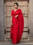 DESIGNER SATIN SILK SEQUENCE EMBROIDERY WITH MULTI THREAD WITH CUTWORK SAREE WITH UNSTITCHED BLOUSE RED