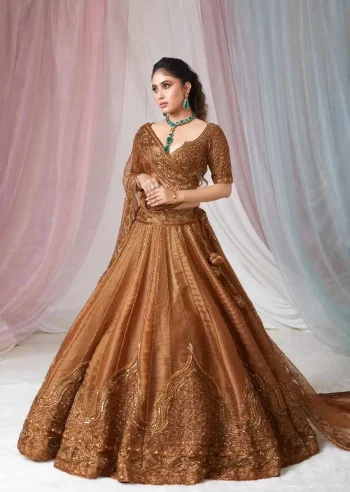 DESIGNER SATIN SILK SEQUENCE & THREAD WORK LEHENGA CHOLI WITH DUPATTA PEACH