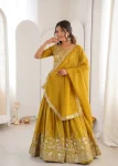 DESIGNER SHIMMER SILK THREAD WITH SEQUENCE WORK LEHENGA CHOLI WITH DUPATTA YELLOW