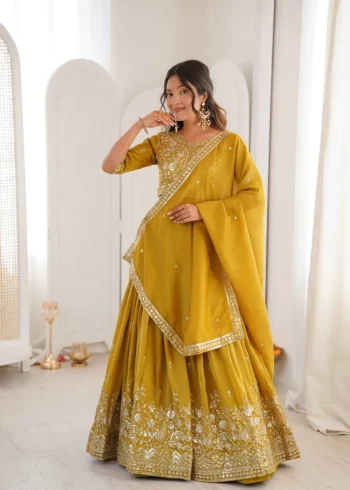 DESIGNER SHIMMER SILK THREAD WITH SEQUENCE WORK LEHENGA CHOLI WITH DUPATTA YELLOW