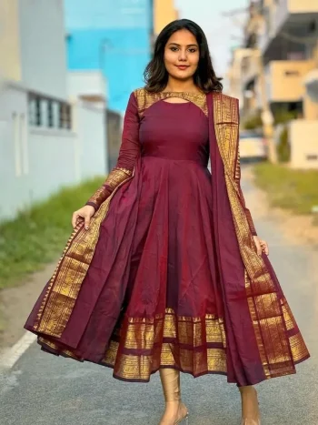 DESIGNER SILK COTTON JACQUARD WEAVING JARI WORK GOWN WITH DUPATTA MAROON