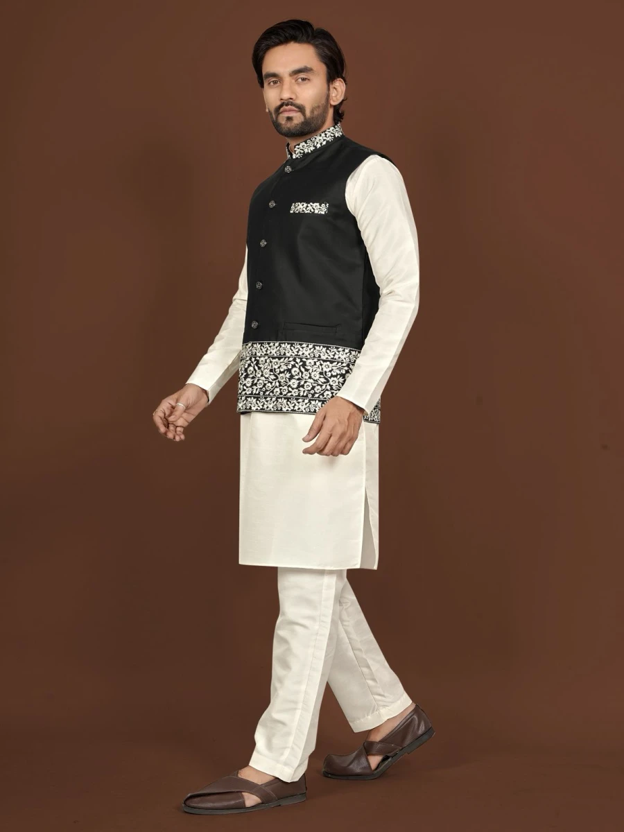 DESIGNER SILK EMBROIDERY WORK MEN'S KURTA PAYJAMA WITH KOTI WEDDING WEAR WHOLESALE PRICE ETHNIC GARMENT (10)