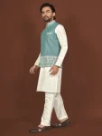 DESIGNER SILK EMBROIDERY WORK MEN’S KURTA PAYJAMA WITH KOTI WEDDING WEAR WHOLESALE PRICE ETHNIC GARMENT (12)